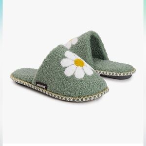 muck luks 
Green Fuzzy Slippers with Daisy Design